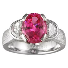 Mokume Three Stone Engagement Ring, Tapered, Oval and Half Moons - top view