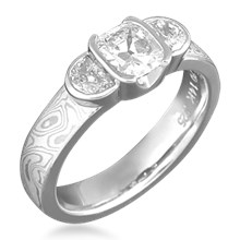 Mokume Cushion Cut Three Stone Engagement Ring