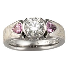 Mokume Carved Curls Three Stone Engagement Ring - top view