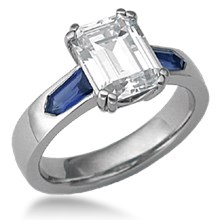 Modern Three Stone Engagement Ring, Emerald & Tapered Bullets