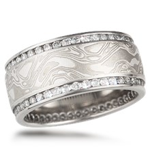 Mokume Double Diamond Channel Wedding Band