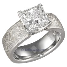 Mokume Solitaire Princess Engagement Ring with Heavily Etched Platinum