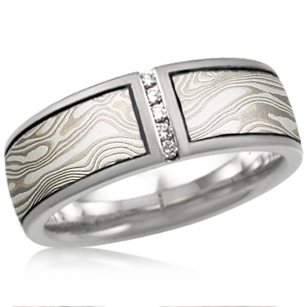 Mokume Wedding Band with Vertical Diamond Channel