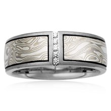 Mokume Wedding Band with Vertical Diamond Channel - top view