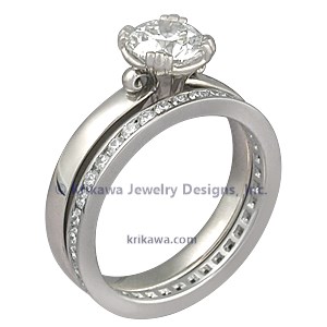 Carved Leaf Engagement Ring Bridal Set with Diamond Channel Band