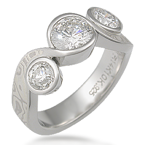 Custom Three Stone Mokume Swirl Engagement Ring