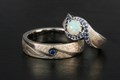 Mokume Pave Swirl Engagement Ring with Opal, Blue Sapphire, and a Matching Men's Band