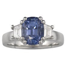 Traditional Three Stone Engagement Ring with Cushion and Trapezoids - top view