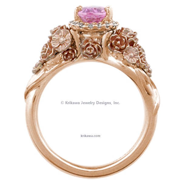 Wear a bouquet of flowers on your ring finger!  The main example shown has rose gold flowers and green gold leaves. 