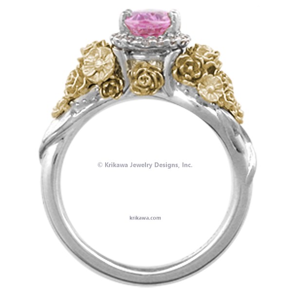 Wear a bouquet of flowers on your ring finger!  The main example shown has rose gold flowers and green gold leaves. 