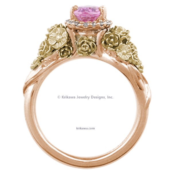 Wear a bouquet of flowers on your ring finger!  The main example shown has rose gold flowers and green gold leaves. 