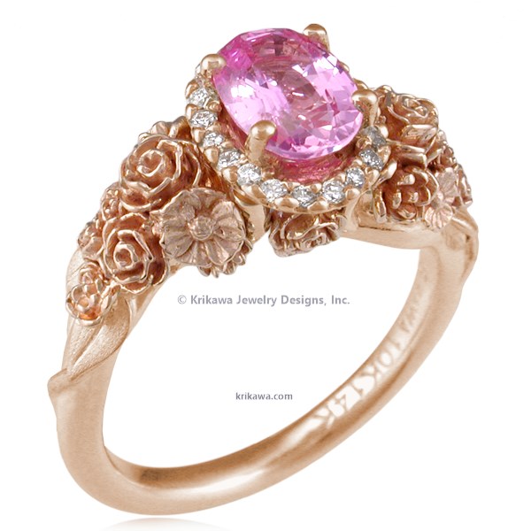 Wear a bouquet of flowers on your ring finger!  The main example shown has rose gold flowers and green gold leaves. 
