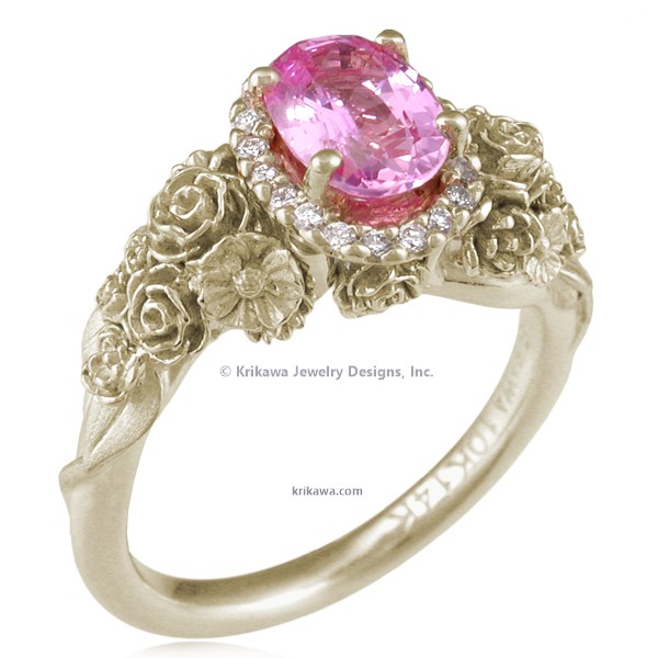 Wear a bouquet of flowers on your ring finger!  The main example shown has rose gold flowers and green gold leaves. 