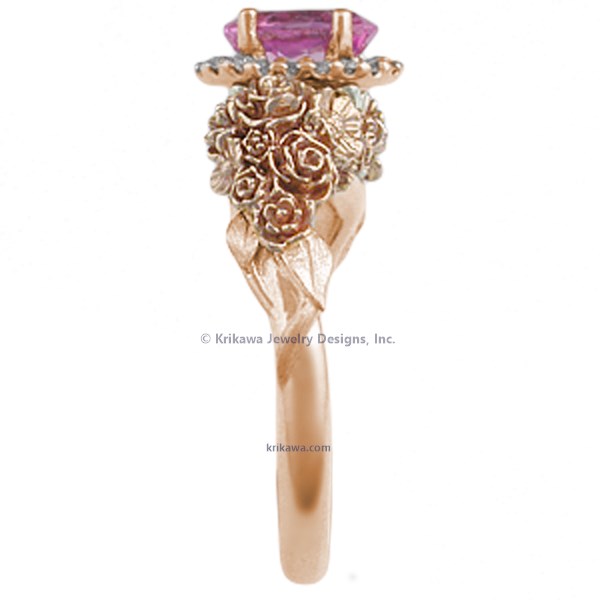 Wear a bouquet of flowers on your ring finger!  The main example shown has rose gold flowers and green gold leaves. 
