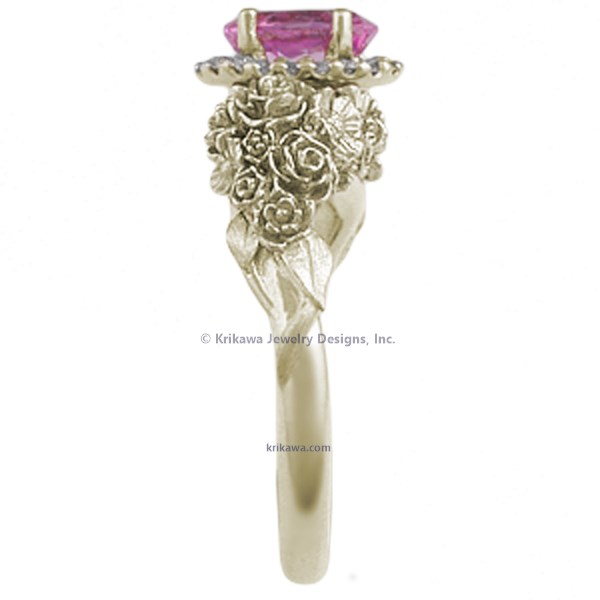 Wear a bouquet of flowers on your ring finger!  The main example shown has rose gold flowers and green gold leaves. 