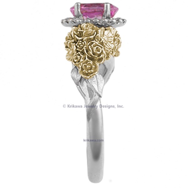 Wear a bouquet of flowers on your ring finger!  The main example shown has rose gold flowers and green gold leaves. 