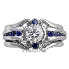 Carved Curls Engagement Ring with Tapering Blue Sapphires and Enhancer