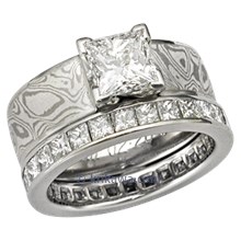 Mokume Solitaire Princess Engagement Ring with 4 Cutouts Bridal Set