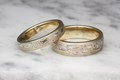 Summer Mokume Wedding Rings with Yellow Gold Liners and Matte Finishes