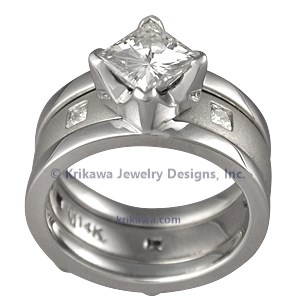 Modern Scaffolding Engagement Ring with Princess Cut Diamond and Plain Band with Princess Diamonds