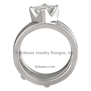 Modern Scaffolding Engagement Ring with Princess Cut Diamond and Plain Band with Princess Diamonds