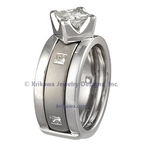 Modern Scaffolding Engagement Ring with Princess Cut Diamond and Plain Band with Princess Diamonds