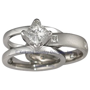 Modern Scaffolding Engagement Ring with Princess Cut Diamond and Plain Band with Princess Diamonds
