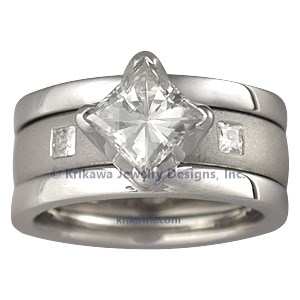 Modern Scaffolding Engagement Ring with Princess Cut Diamond and Plain Band with Princess Diamonds