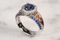 Vintage Celtic Knot Engagement Ring with Blue Sapphires, White Diamonds, and Mixed Precious Metals