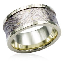 Mokume Wedding Band with Hammered Rails