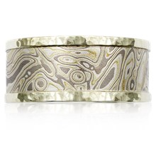 Mokume Wedding Band with Hammered Rails - top view