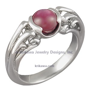 Carved Curls Engagement Ring with a Star Ruby Cabochon