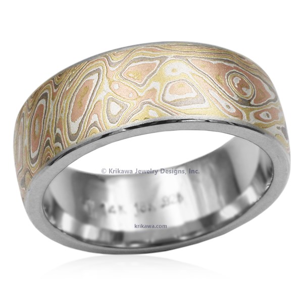 This mokume flavor captures that special time of year with layers of 18k yellow gold, 14k white gold, 14k rose gold and sterling. 