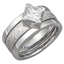 Modern Scaffolding Engagement Ring with Princess-Cut Diamond and Etched Platinum Mokume Band