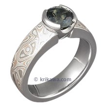 Mokume Solitaire Straight with Tapered Head Engagement Ring with Green Sapphire