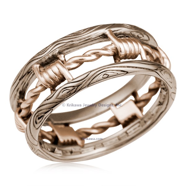 Looking for a masculine, artisan wedding band? How about a gritty ring design reflective of your lifestyle or personality? Our Barbed Wire Wedding Band is the answer. The bars of this ring have a wood-grain pattern, with the "wire" wrapped in-between.