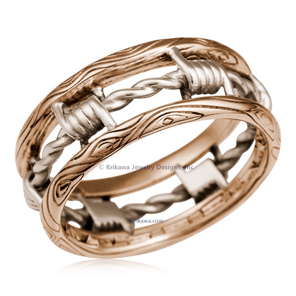 Looking for a masculine, artisan wedding band? How about a gritty ring design reflective of your lifestyle or personality? Our Barbed Wire Wedding Band is the answer. The bars of this ring have a wood-grain pattern, with the "wire" wrapped in-between.