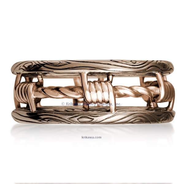 Looking for a masculine, artisan wedding band? How about a gritty ring design reflective of your lifestyle or personality? Our Barbed Wire Wedding Band is the answer. The bars of this ring have a wood-grain pattern, with the "wire" wrapped in-between.