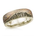 This artisan wedding band has an engraved mountain range, and a sky inlaid with mokume. For a truly one-of-a-kind ring, choose your favorite mokume flavor, and send us a picture of the mountains that have meaning for you!