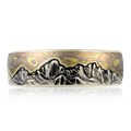 This artisan wedding band has an engraved mountain range, and a sky inlaid with mokume. For a truly one-of-a-kind ring, choose your favorite mokume flavor, and send us a picture of the mountains that have meaning for you!