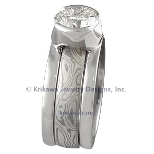Modern Scaffolding Engagement Ring with Round Diamond and Two Cutout Head with White Mokume Band