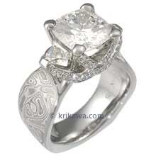 Mokume Ribbon Three Stone Engagement Ring With Trilliants