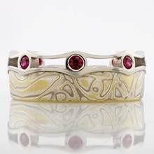 Mokume Coronet Diamond Wedding Band with Rubies - top view