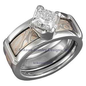 Modern Scaffolding Engagement Ring with Princess Cut Diamond and Champagne Mokume