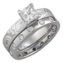Mokume Solitaire Princess Engagement Ring with 4 Cutouts Paired with Straight Diamond Band