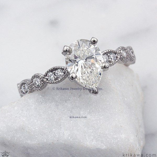 Pear Millegrained Pave Engagement Ring