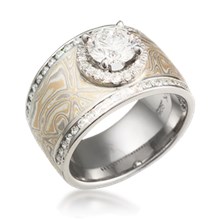 Mokume Double Diamond Halo Ring