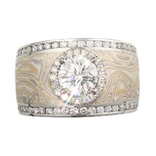 Mokume Double Diamond Channel & Halo Wedding Band - top view