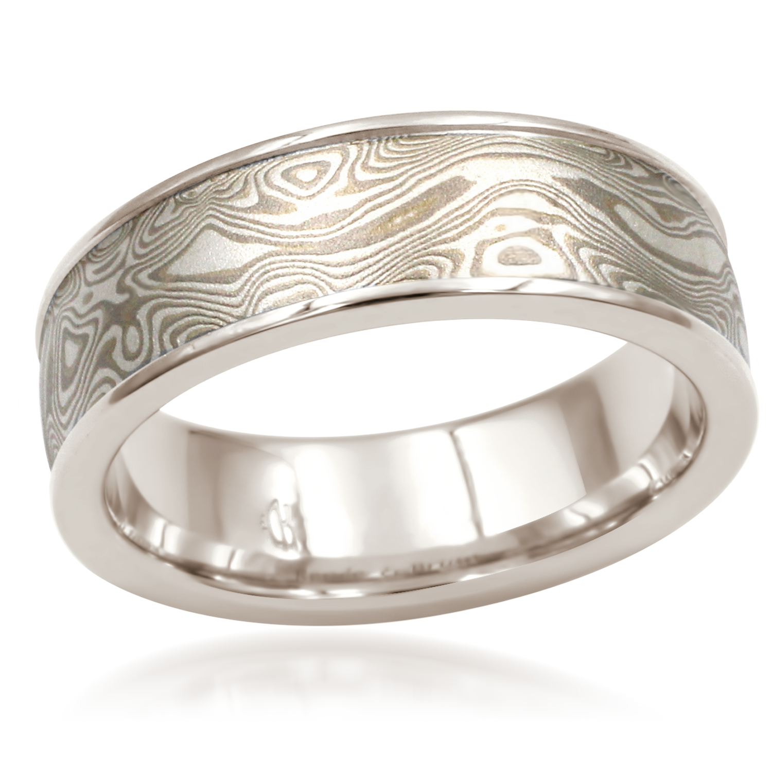 White Mokume Wedding Band with Raised Rails