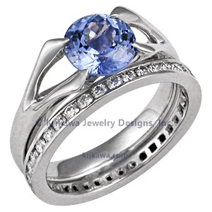 Carved Branch Unique Engagement Ring with Round Blue Sapphire and Diamond Wedding Band
